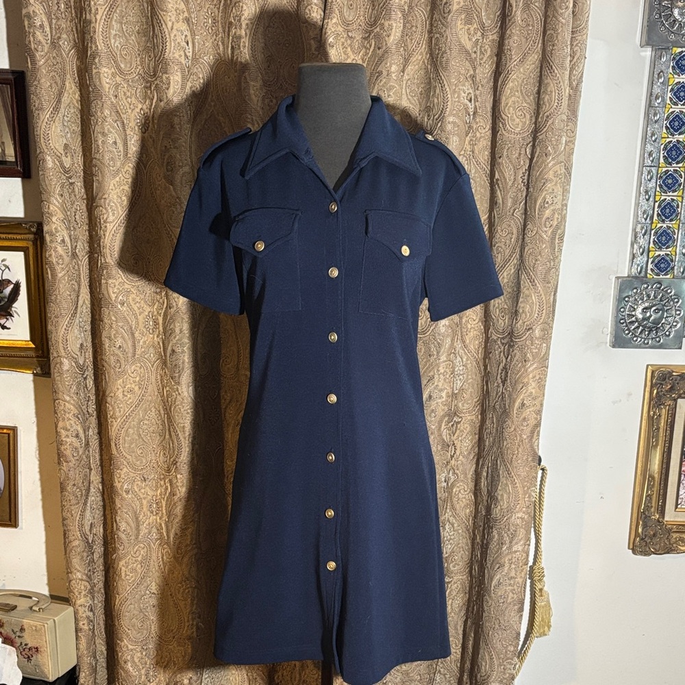 Vintage Dawn Joy Navy Button-Up Shirt Dress with classic Gild Buttons